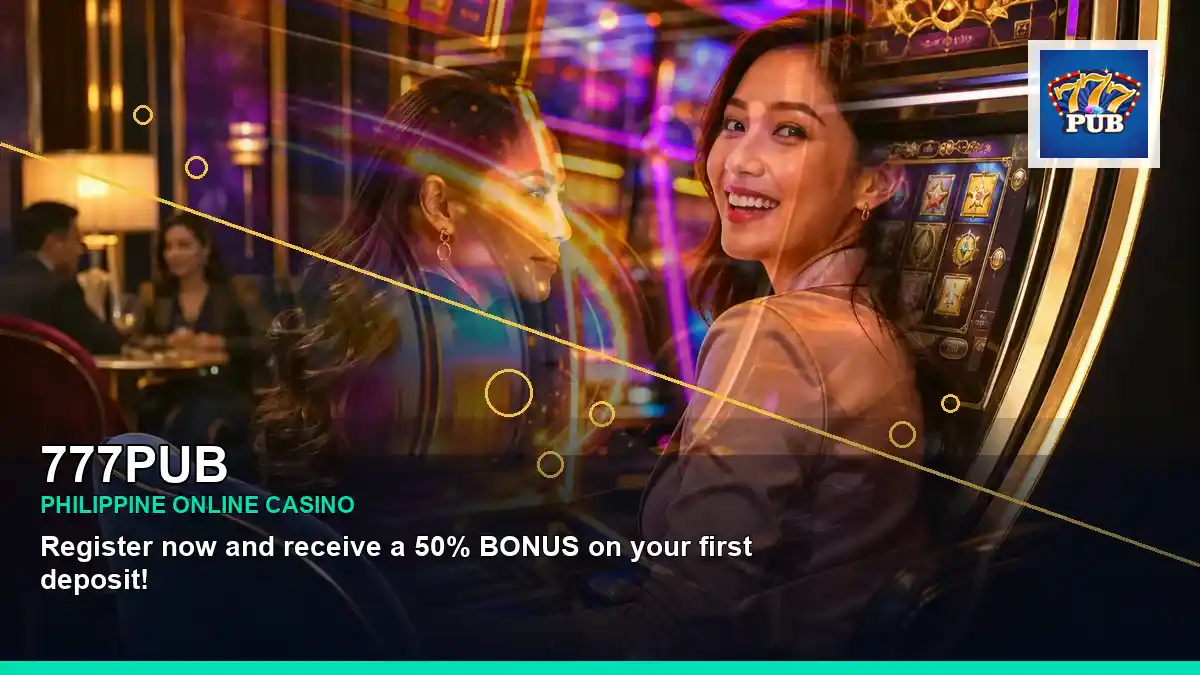 777PUB coins casino cashback rewards featuring an adult Filipina casino host with a layered collage composition