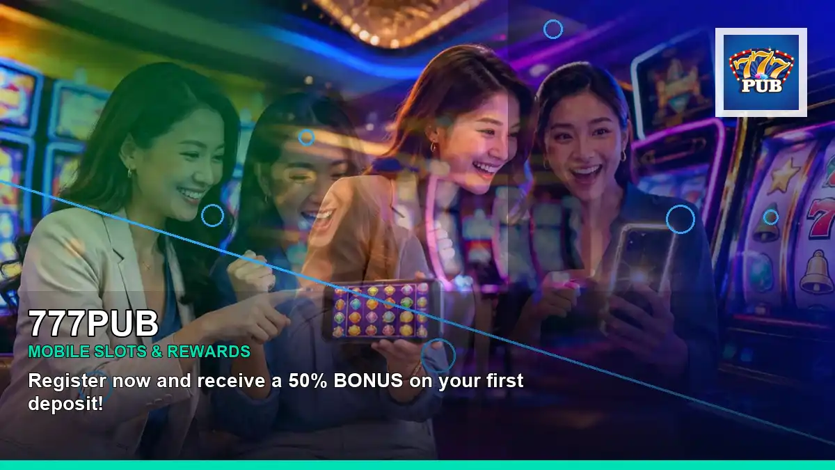 777PUB mobile casino app featuring an adult Filipina casino host with a right-diagonal composition